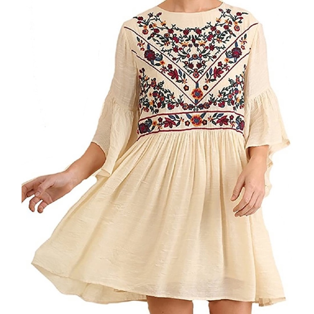 Embroidered boho bell sleeve mini dress